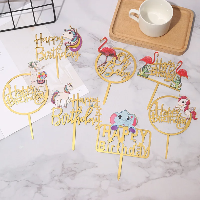 

Elephant Decoration Unicorn Pony Flamingo Acrylic Color Printing Baby Birthday Dessert Animal Cake Topper Party Baking Supplies