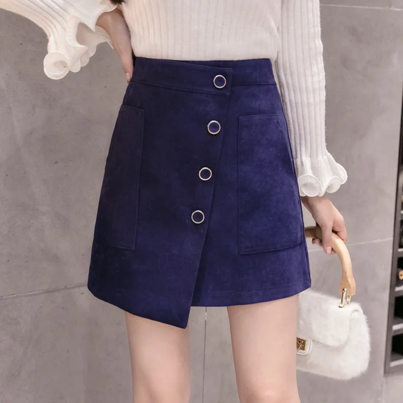 

Skirt Short Skirt Women's 2018 Autumn And Winter New Style Button Sheath A- line Skirt Asymmetric Skirt Pocket Skirt High-waiste