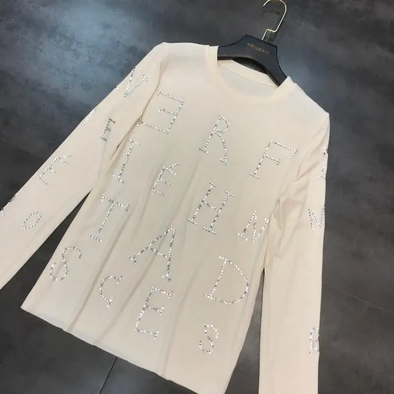 autumn and winter new hot drilling heavy industry letter stretch Slim long-sleeved T-shirt