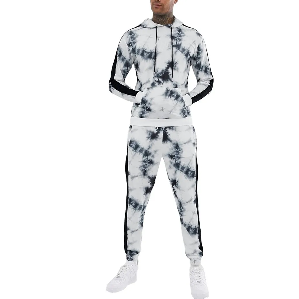 Для мужчин s Dyeing Joggers Осенняя Толстовка с принтом галстука топ брюки наборы спортивный костюм Фитнес Бодибилдинг мужские толстовки брюки джоггеры