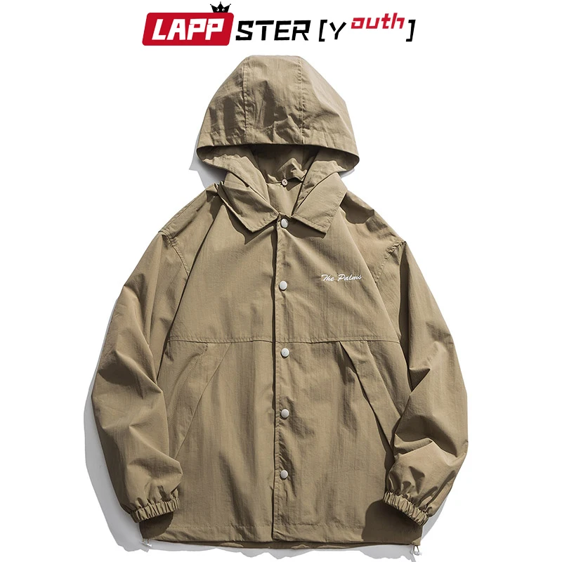 

LAPPSTER Men Embroidery Harajuku Hooded Jackets Coats 2019 Mens Vintage Streetwear Coach Jacket Windbreaker Loose Vintage Coats