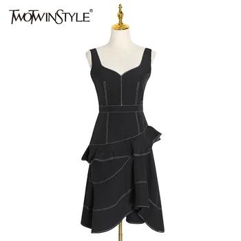 

TWOTWINSTYLE Ruffle Asymmetrical Dress For Women Square Collar Sleeveless High Waist Zipper Spring Dresses Female 2020 Fashion