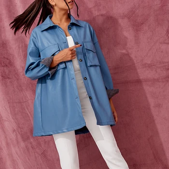 

2020 autumn solid long PU leather jacket for women with sashes pockets slim causal coat femme turn down collar jaqueta de couro