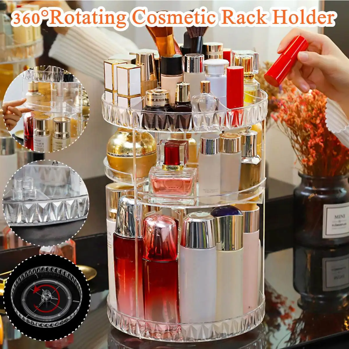

360 Degree Rotation Transparent Acrylic Cosmetics Storage Box Fashion Spin Multi-function Detachable Makeup Beauty Organizer