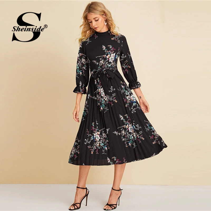 Sheinside Floral Print Flounce Sleeve Dress Women Autumn Pleated Hem A Line Dresses Ladies Casual Black Belted Dress