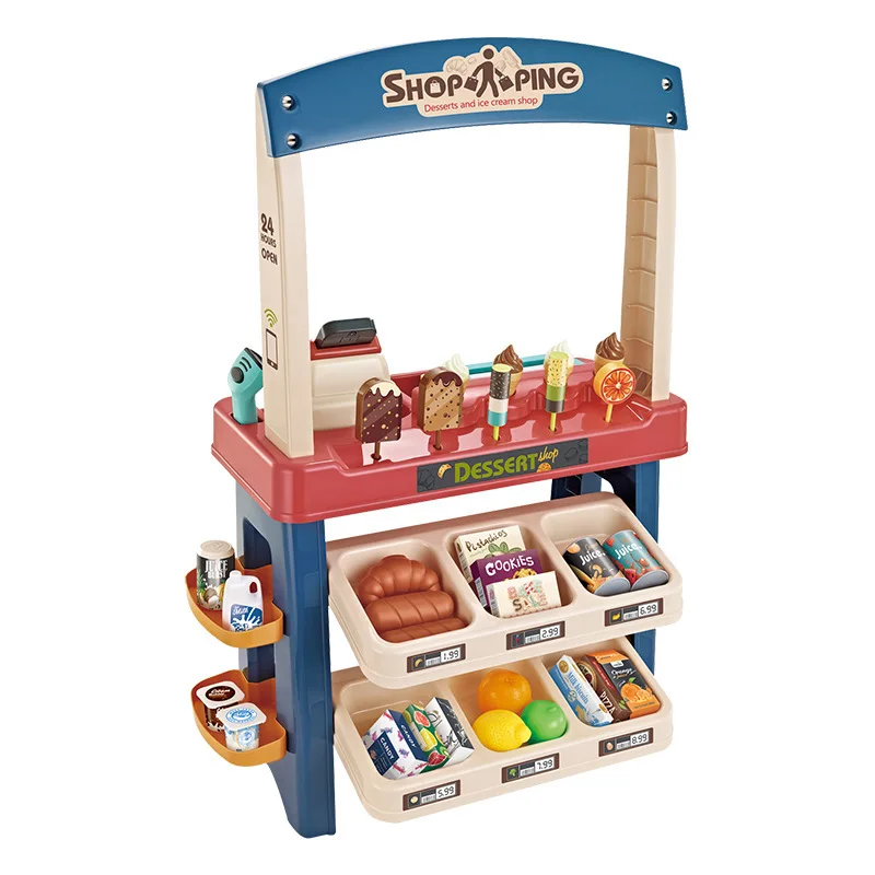 55pcs 66874/75 Pretend Play Supermarket Home Table Shopping Cart Dessert Simulation Indoor Toys Ice Cream Cosplay ABS Baby Kids