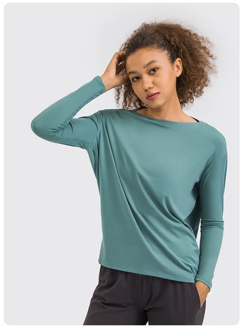 Lulu Fitness Women Long Sleeve Yoga Shirt Female Sport Yoga Top Slim Gym Clothing Solid Color Loose Casual Plus Size Breathable