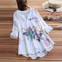  Vintage Cotton Linen Women Blouse Retro V-neck Floral Printing Tunic Tops Long Sleeves Shirt Elegant Femme Blouses Streetwear 