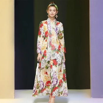 

2020 New Autumn Runway Maxi Dress Long Sleeve Women's Elegant Floral Print Chiffon Long Bohemian Robe Femme Vestidos