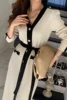 Korean Chic French Dress V-neck Dress Woman Lace Contrast Color Chic Single Breasted Tie Waist Cardigan Knitted Dress 6