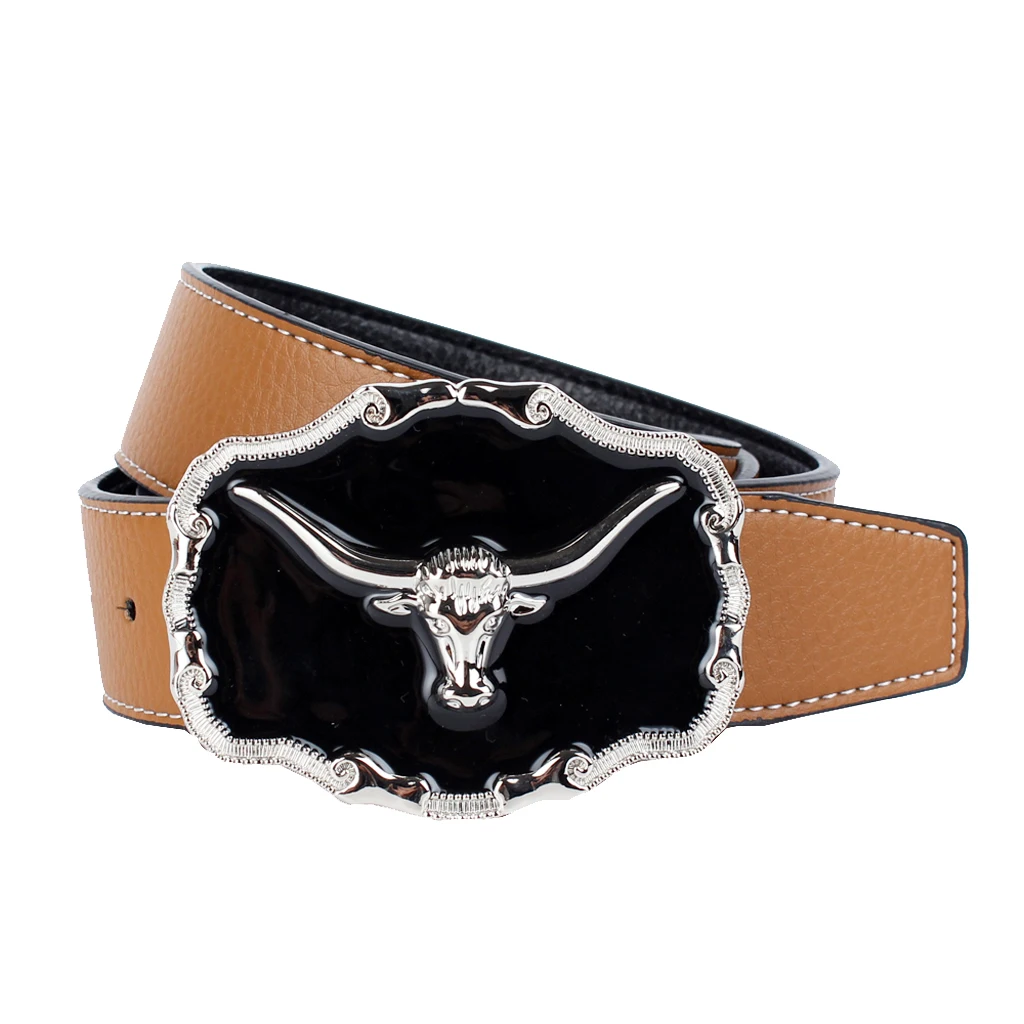 Western Cowboy Belt Oval Shape Metal Buffalo Head Buckle Fiber Genuine Leather Belt Strap 110-125cm
