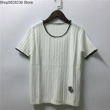 

Elegant Xianjing Temperament Nail Beads Camellia Lady Round Neck Short Sleeve Handmade Weaving Hair Beard Knitting Shirt T Shirt