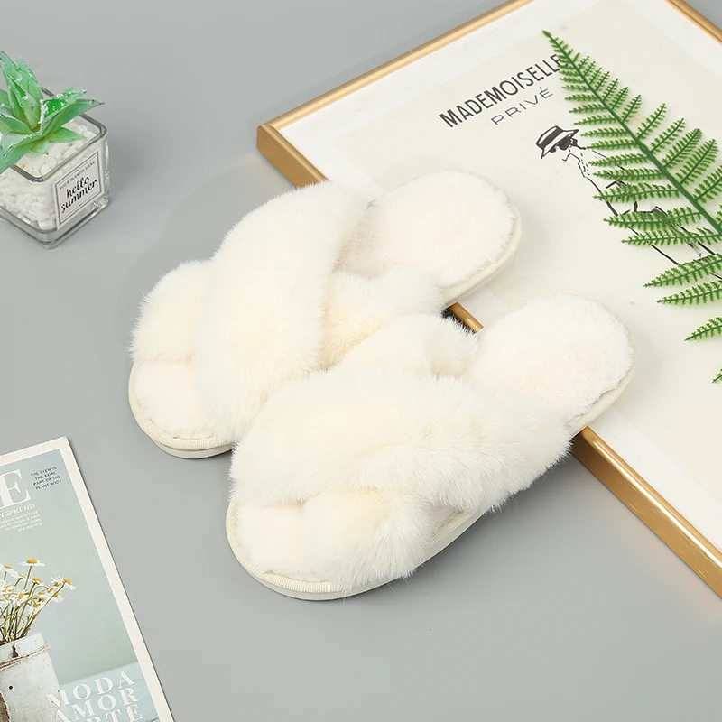 2021 New Winter Faux Fur Indoor Slippers Rabbit Plush Cross-strap Cotton Sandalias Women Flats Sandales Female Shose 