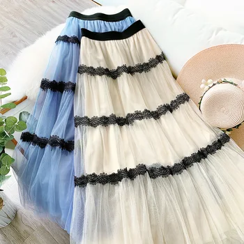 

HLBCBG Spring Summer Lace Patchwork Skirt Women 2020 New High Waist Sweet Tulle Skirts Lady Long Tutu Skirt Jupe Longue Femme