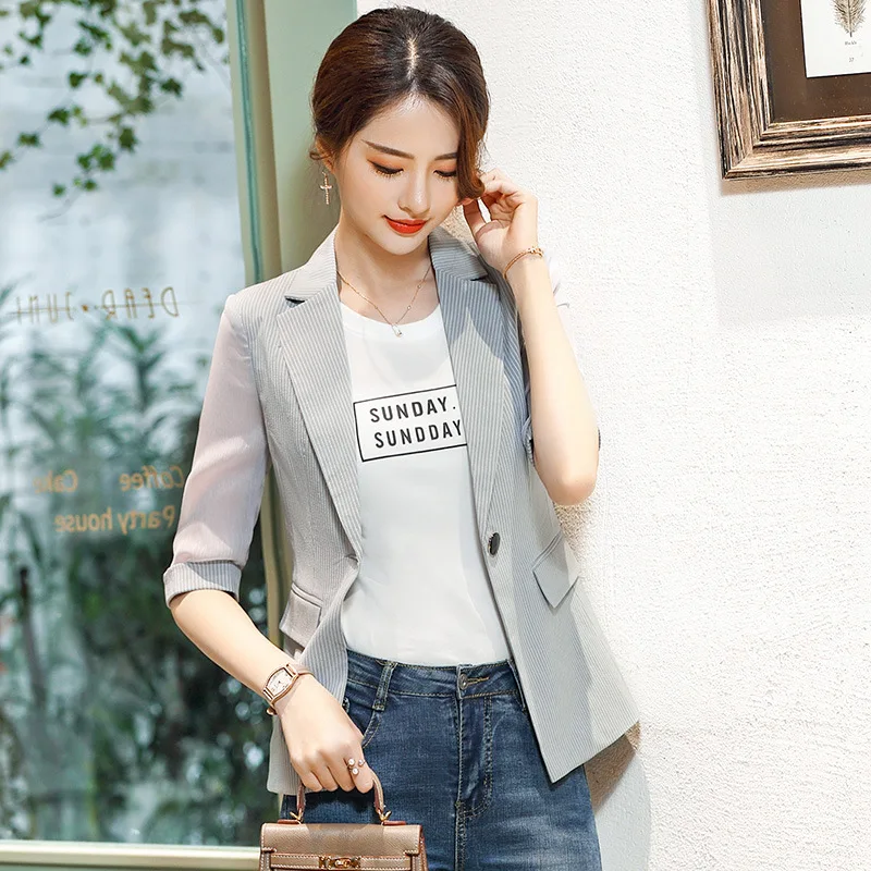 

2019 Spring Summer New Style Elegant Korean-style Ol WOMEN'S Dress Stripes Half-sleeve Shirt Slim Fit Small Suit Jacket Women's