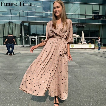 

Future Time Spring And Summer 2020 New Polka Dot Elegant Female Bubble Sleeve Retro Long Evening Dress V-neck Dress SP477