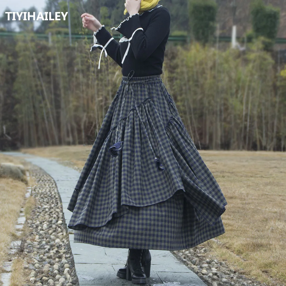 TIYIHAILEY Free Shipping New Long Maxi A-line Elastic Waist Women Plaid Chinese Style S-2XL Cotton Irregular Big Hem Green Skirt vansvans vans style 36 style 36 green vn0a3dz3rfx