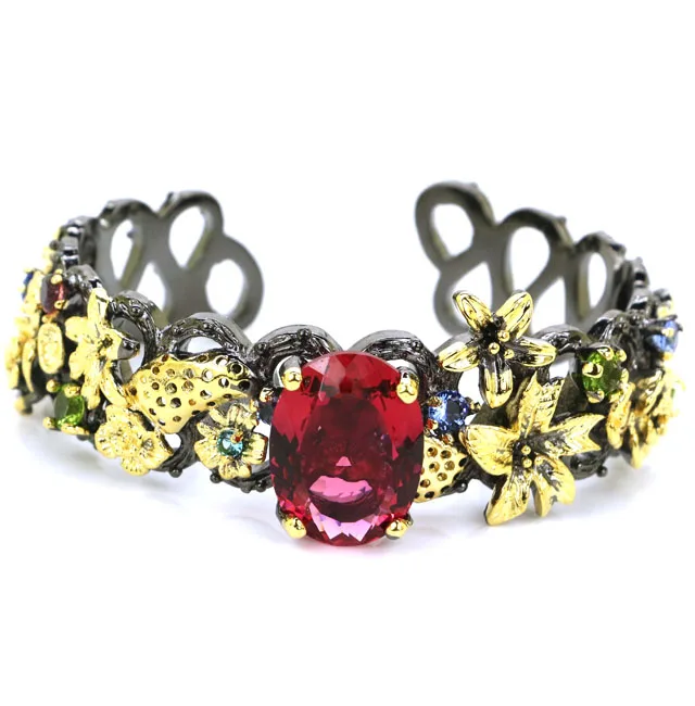 

73x23mm Vintage Big Heavy 53g Created Pink Tourmaline Smokey Tolpaz Woman's Black Gold Bangle Silver Bracelet 7.5inch