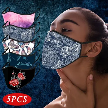 

5PCS Adults Tie-Dye Face Mask Butterfly Dragonflies Mouth Mask Mascarillas Rose Flower Prints Washable Reusable Mask for face