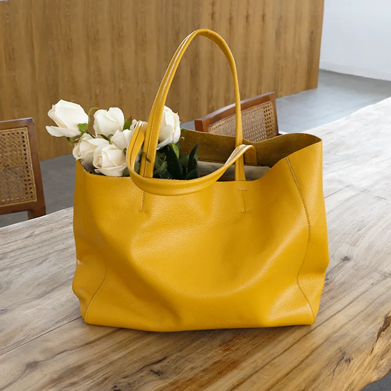 Women Luxury Bag Casual Tote Female Lemon Yellow Fashion Shoulder Handbag Lady Cowhide Genuine Leather Shoulder Shopping Bag 2