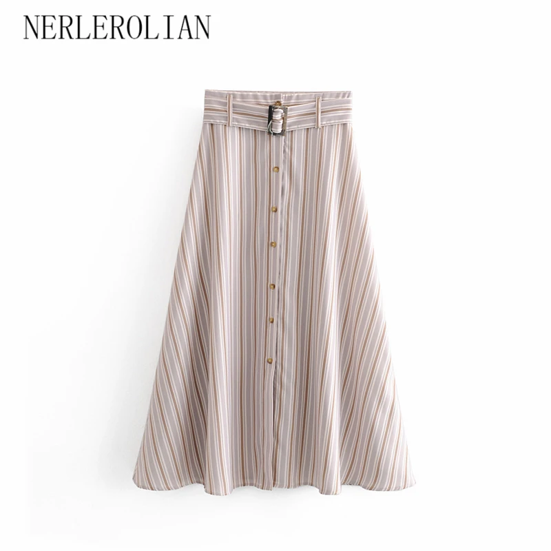 

NERLEROLIAN 2019 Women Stripe Skirts High Waist With Belt Ankle Length Female Summer Skirts
