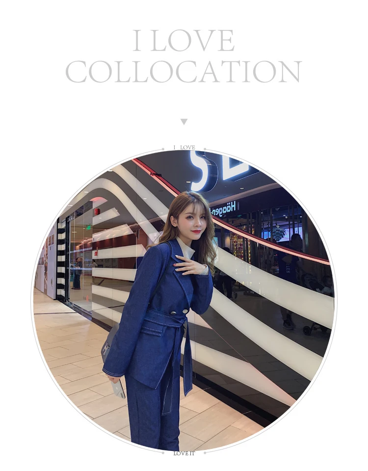 SHIJIA Woman Suit Pant Blue Silid Jacket Blazer& Harem Pant 2 Piece Set Blue Suit Female Street Wear Spring Autumn