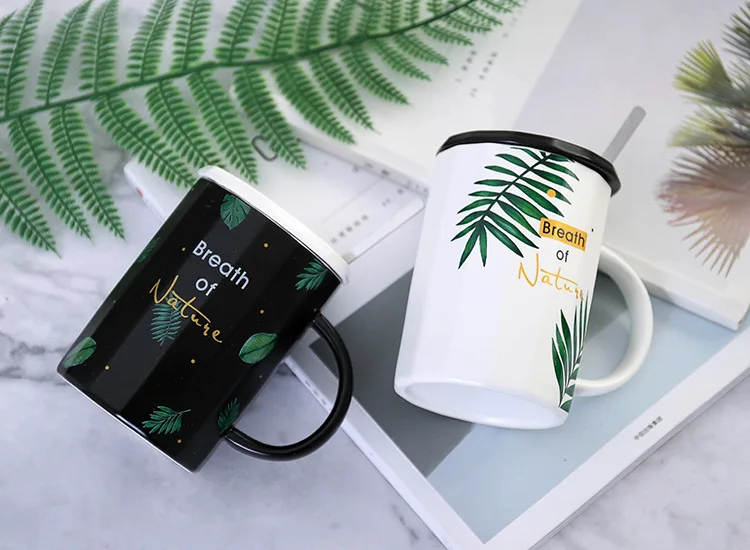 3-piece set Ceramic Cup Nordic Office Cup advertising gifts promotional mugs creative leaves black and white cups