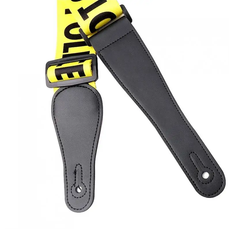 Adjustable Yellow Guitar Strap Police-Line Words Pattern with Genuine Leather Head for Acoustic Electric Bass Guitar