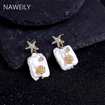 

Statement Real Natural Pearl Earring For Women Crystal Star Flower Drop Earring Fashion Chic Handmade Earrings