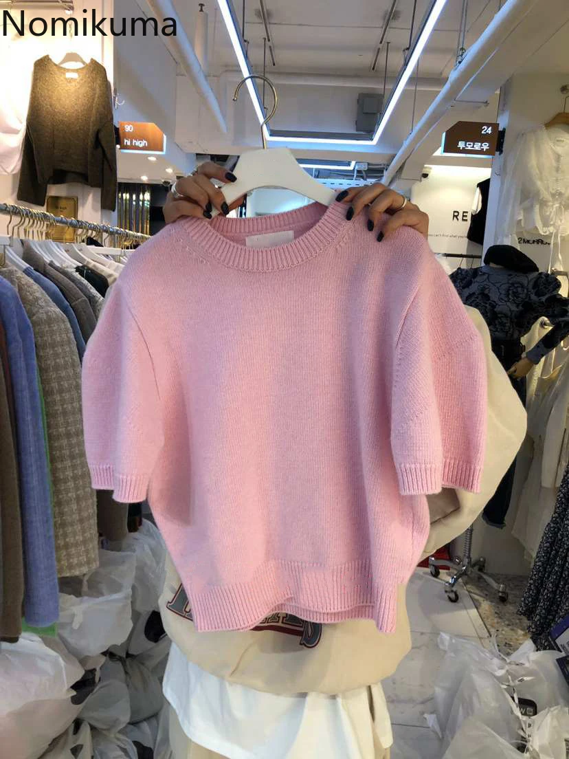 Nomikuma-suéteres de punto de manga corta para mujer, jerséis punteados de cuello redondo, estilo coreano, temporada primavera 2021, 6F273