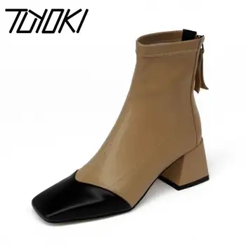 

Tuyoki Genuine Leather Ankle Boots Women Fashion Snake Print Retro Square Toe High Heels Casual Zipper Short Boots Size 34-39
