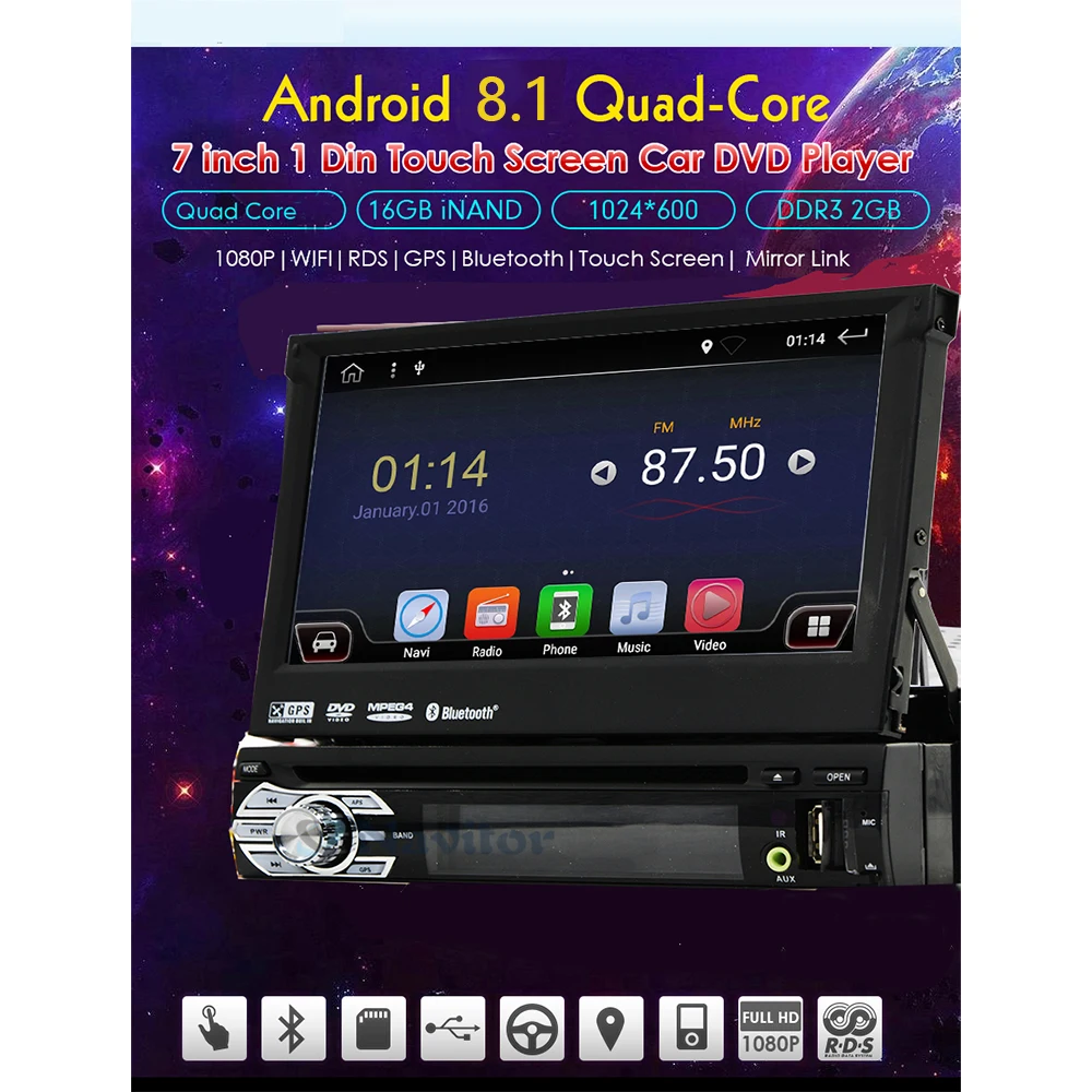 Автомобильный видеоплеер gps навигация Android 8,1 Универсальный 1 Din In-dash Съемная передняя панель Радио стерео с BT 2+ 16G