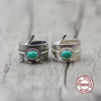 

S925 Sterling Silver Ring in Popular classic style Feather series trendy jewelry Inlaid turquoise gift of love Indian style
