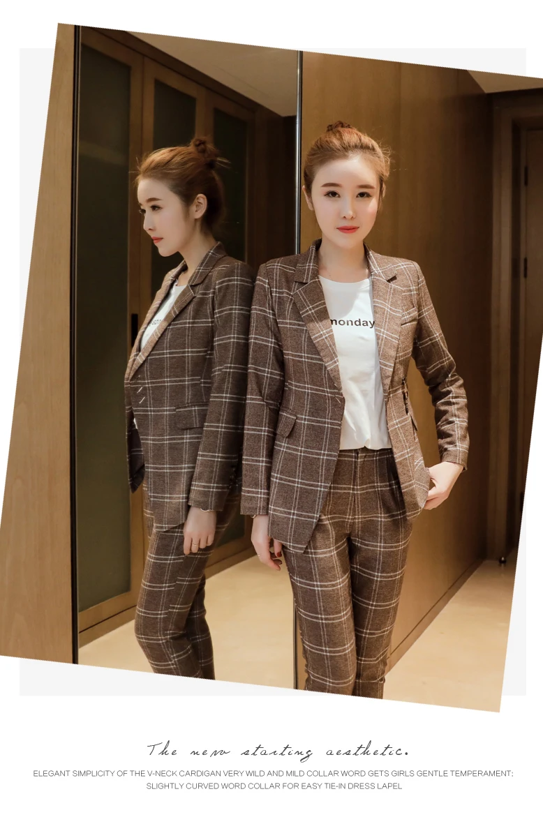 Voorjaar nieuwe Koreaanse mode темперамент Тонкий женский плед jas vrouwelijke negen broek pak tij elegante herfst tweedelige