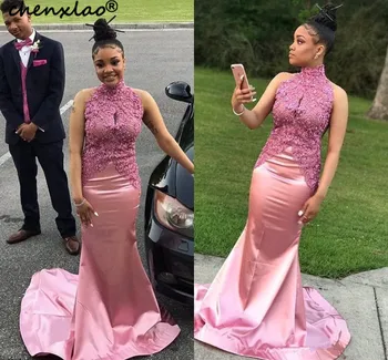 

High Neck Evening Dress African Mermaid Lace Appliques Satin Floor Length Formal Party Evening Dresses Vestidos