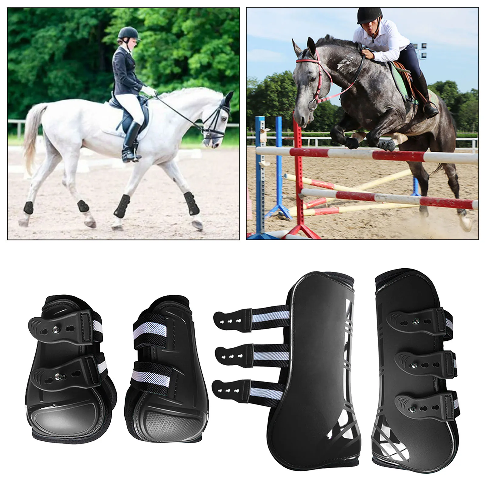 Horse Pu Shell Neoprene Lined Front/Rear Leg Boots Sets Front+Rear Brown Horse Boots for Training Jumping Riding Eventing