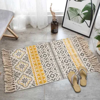 

Nordic Cotton Linen Hand Woven Retro Ethnic Wind Knited CarpetMat for living Room Book Room Bedroom Door Area Rug Home Decor