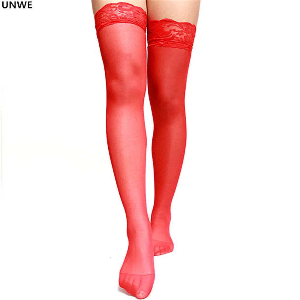 UNWE, длинные сексуальные чулки выше колена, супер эластичные женские сексуальные кружевные чулки, ультра-тонкие бедра, для клубных, вечерние - Цвет: Красный