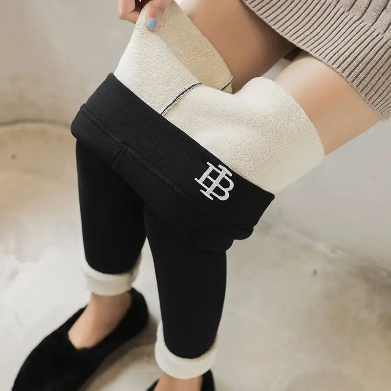 Black Letter Patch Черные женские леггинсы, теплые штаны, зимние обтягивающие плотные бархатные повседневные женские брюки из шерсти и флиса, женские кашемировые брюки из овчины размера плюс - Цвет: Black Letter Patch