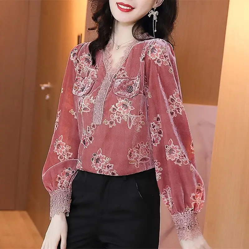 Women's Spring Autumn Style Blouses Shirt Women's Printed Long Sleeve V-Neck Loose Vintage Pleuche Tops DD9107