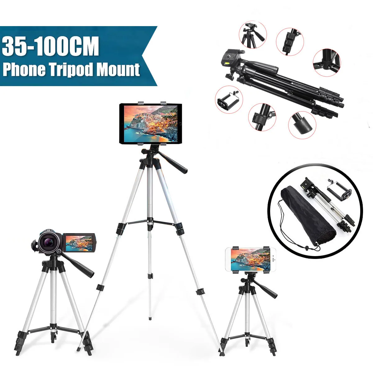  Portable 36-100 cm Tripod Stand With Rocker Arm Adjustable For Camera Phone Mount Holder Clip Brack