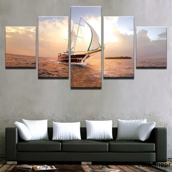 

Wall For Living Room Nordic Decoration 5 Panel The Sailboat Sea view New Art Canvas Painting Cuadros Modular Picture Poster