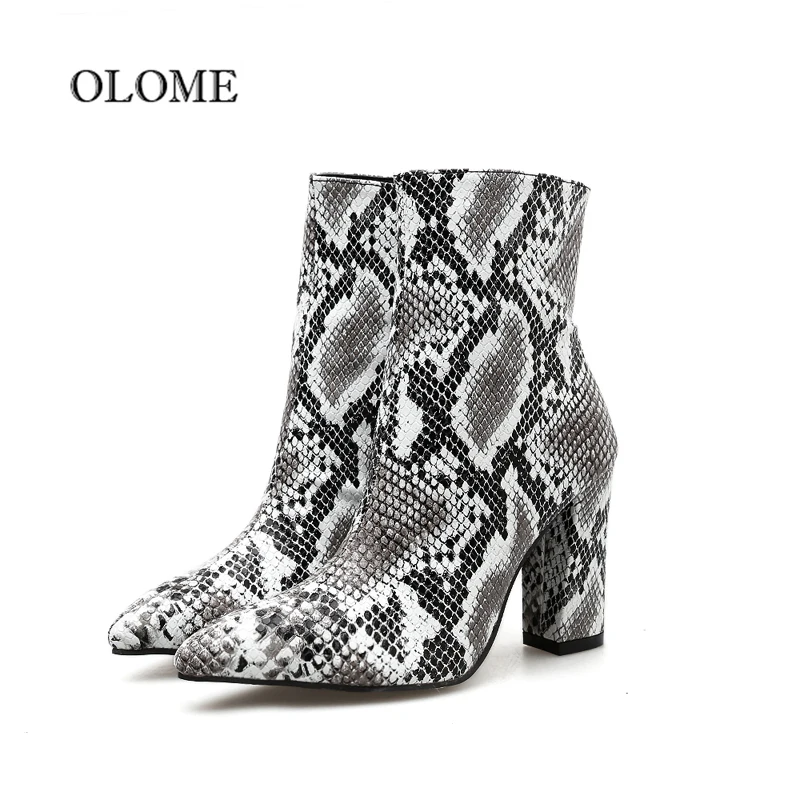 

NEW Botines mujer 2019 Snakeskin Pattern Ankle Boots For Woman Sexy High Heels Pointed Toe Zip Belt Buckle Thick Booties Woman
