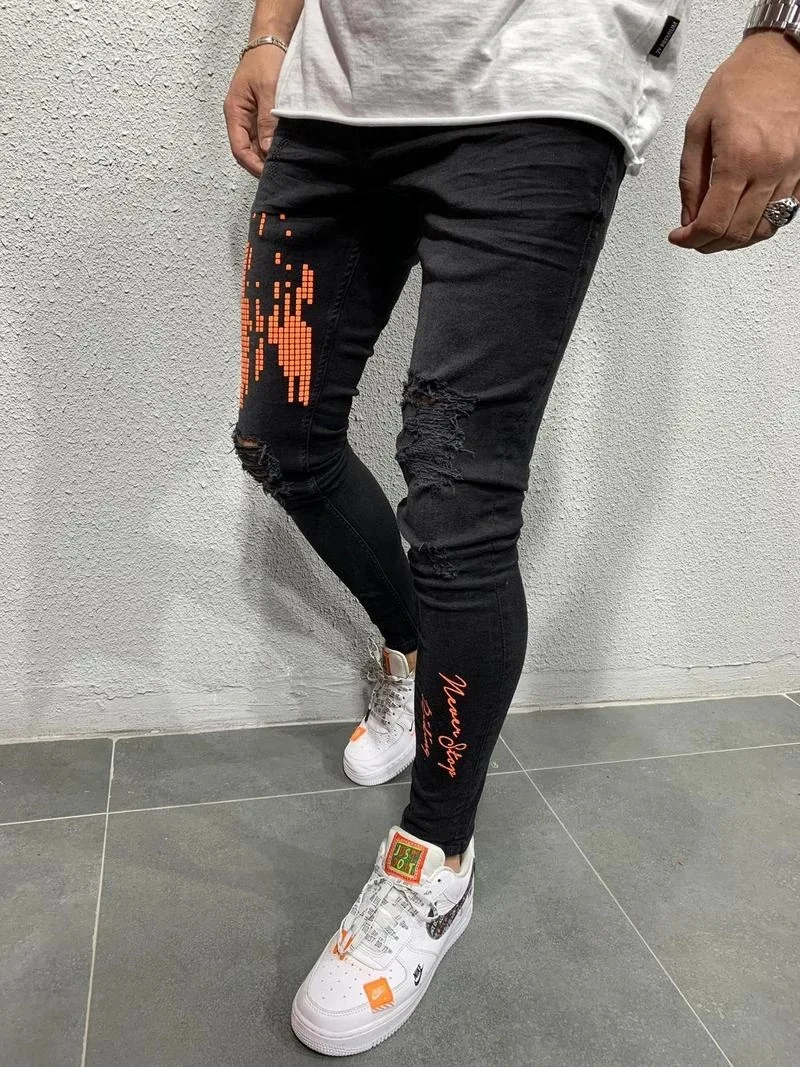 REPPUNK 2019 новые уличные эластичные мужские рваные обтягивающие джинсы узкие джинсовые брюки эластичные мужские шаровары модные стильные