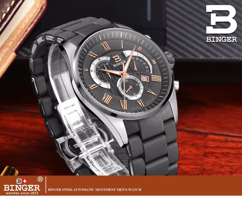 Спортивные наручные часы с хронографом, Бингер, сталь, мужские кварцевые часы, силиконовый ремешок, 30 м, водонепроницаемые, relogio masculino
