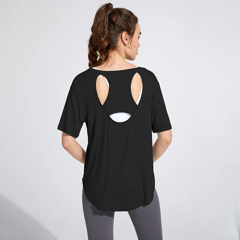

Летняя женская спортивная футболка с вырезами на спине, свободные топы для йоги, быстросохнущие рубашки для бега, топ для тренировок в тренажерном зале, эластичная блузка для фитнеса