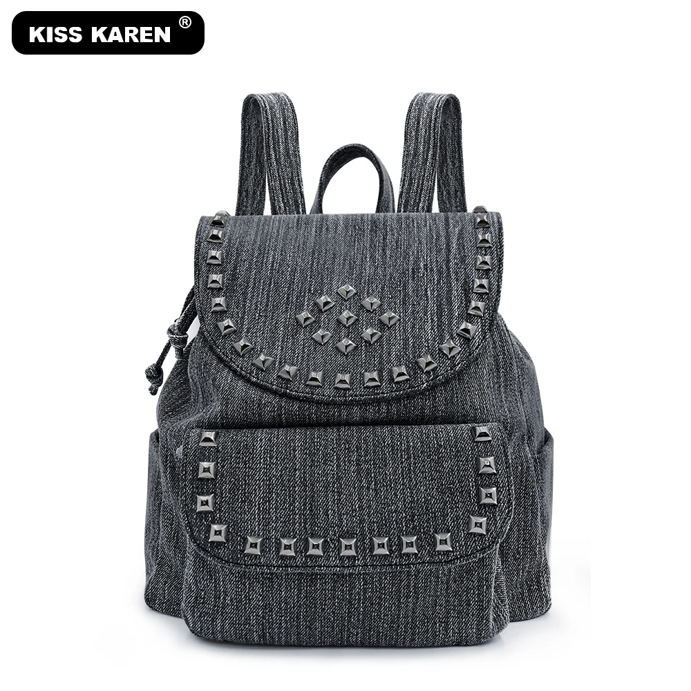 

Brand New Studded Fashion Backpack Denim Casual Day-packs Women Backpacks Preppy Style Backpack Bags Jeans Drawstring Backpacks