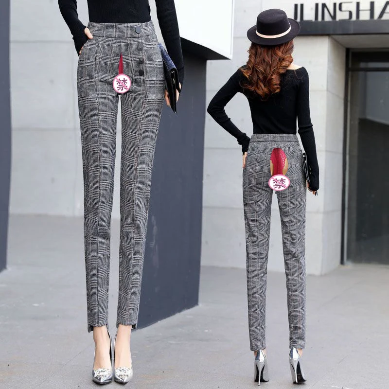 

Public Outdoor Sex Pants Women Clothes Hidden Zippers Sexy Open Croch Vintage Plaid Ladies Office Casual Work Trousers Female