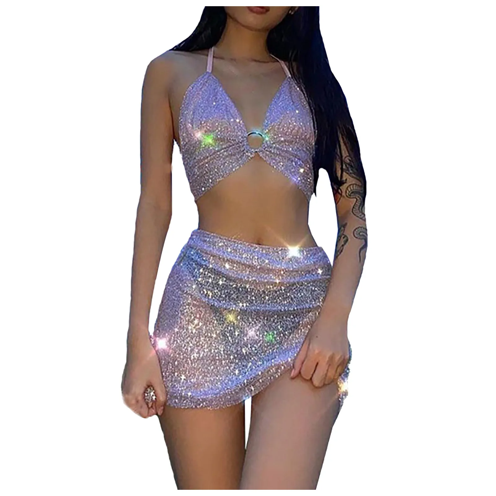 Women Dress Sets Sexy Perspective Deep V-neck Sleeveless Halter Crop Top Camisole+ Skirt Bright Silk Suit Female Clothing Sets 2