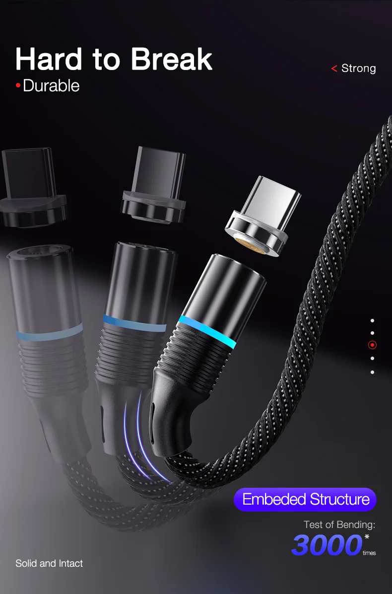 Cafele New LED QC3.0 Magnetic USB Cable for iphone Micro USB Type C 3 in 1 round multi function nylon charging cable For Huawei